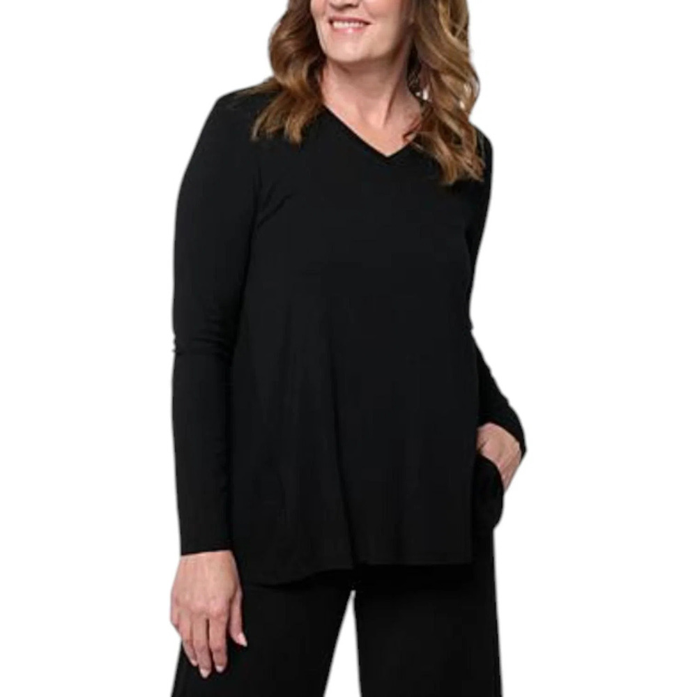 WynneCollection Women's Long-Sleeve Jersey Knit V-Neck Top Black - Regular